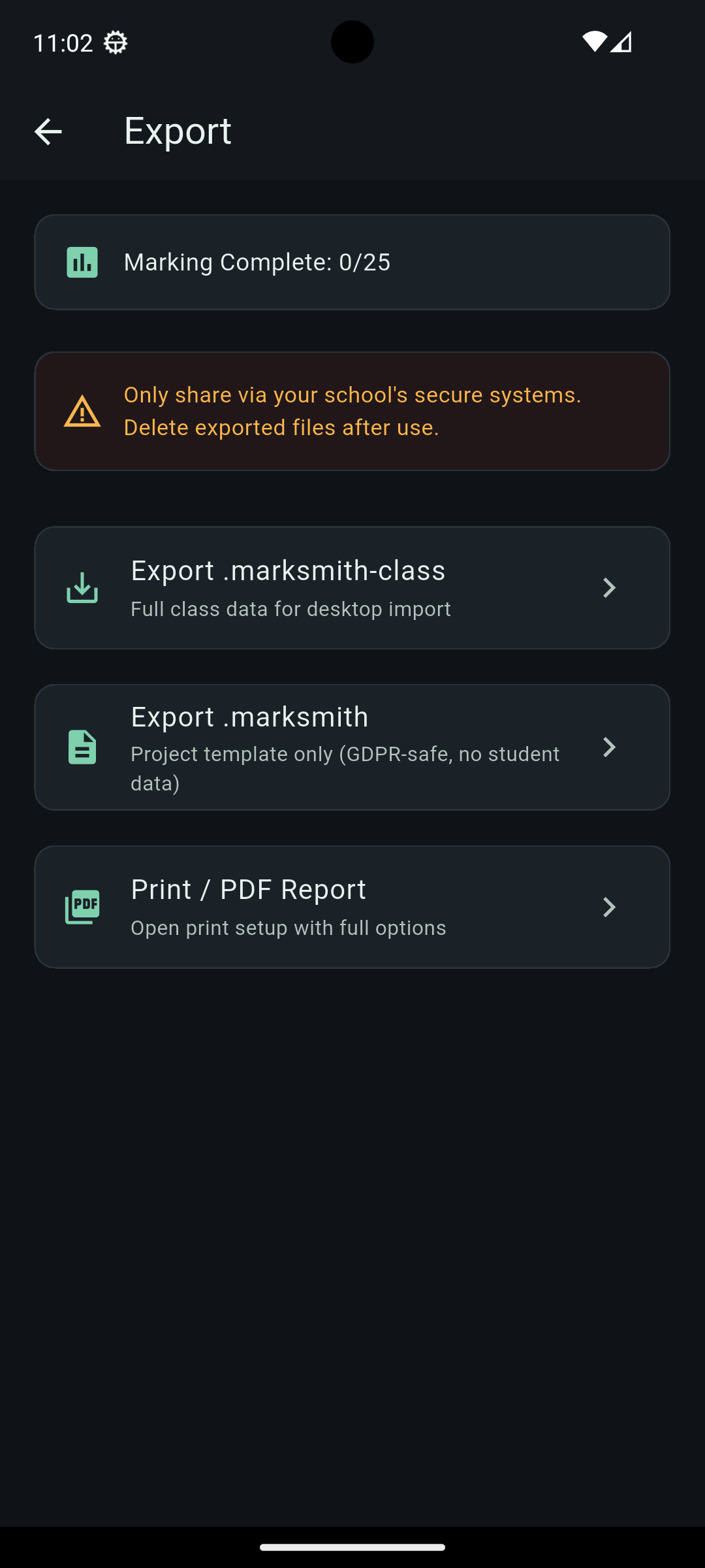 Export menu with sharing options