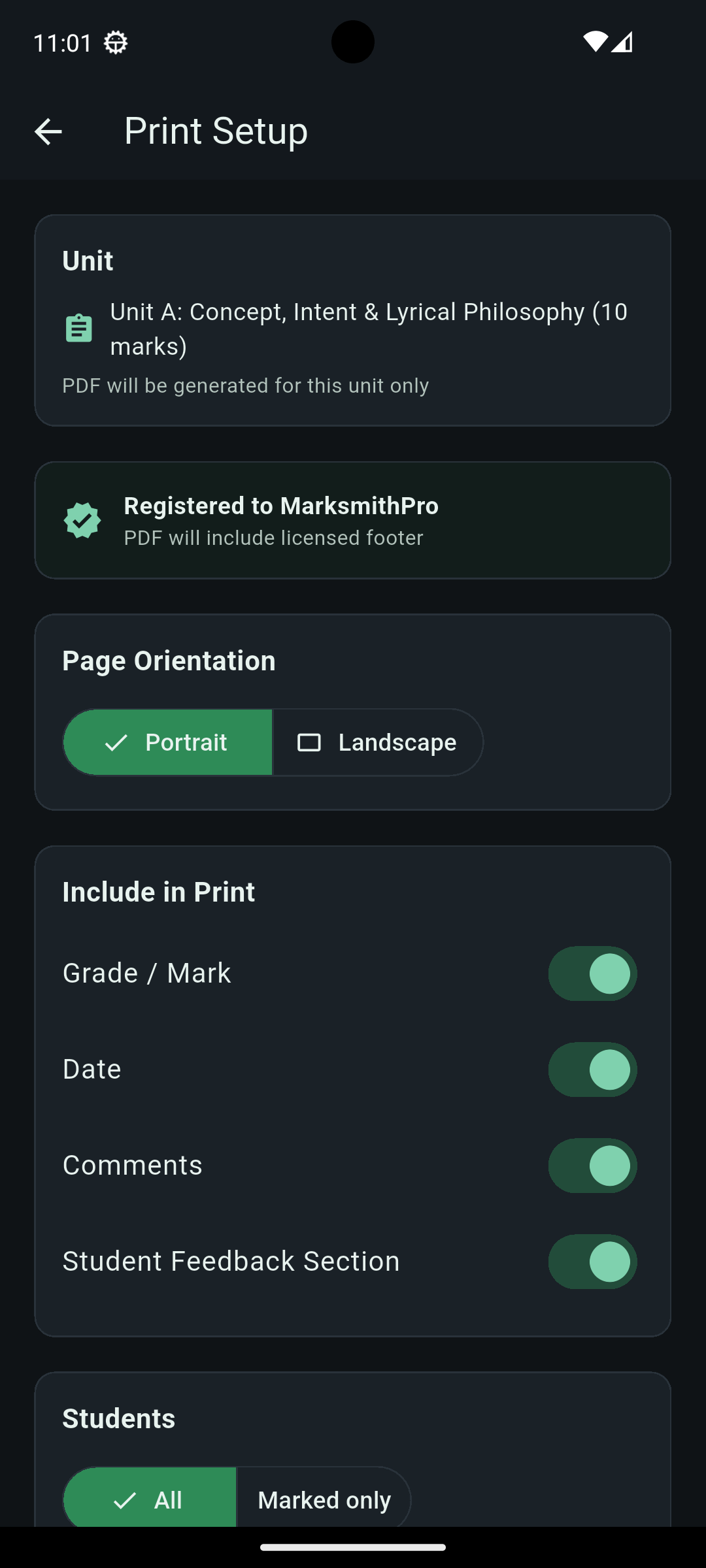 Print setup screen for PDF output