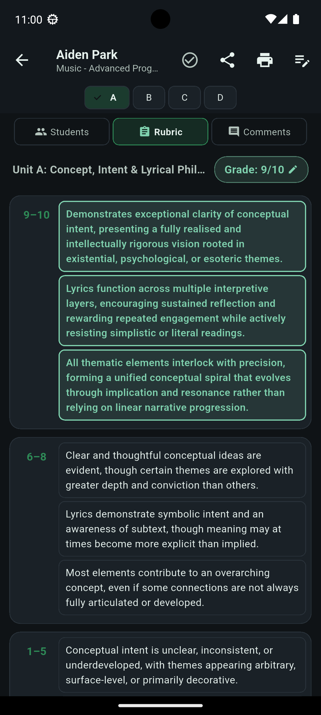 Rubric marking view showing graded descriptors