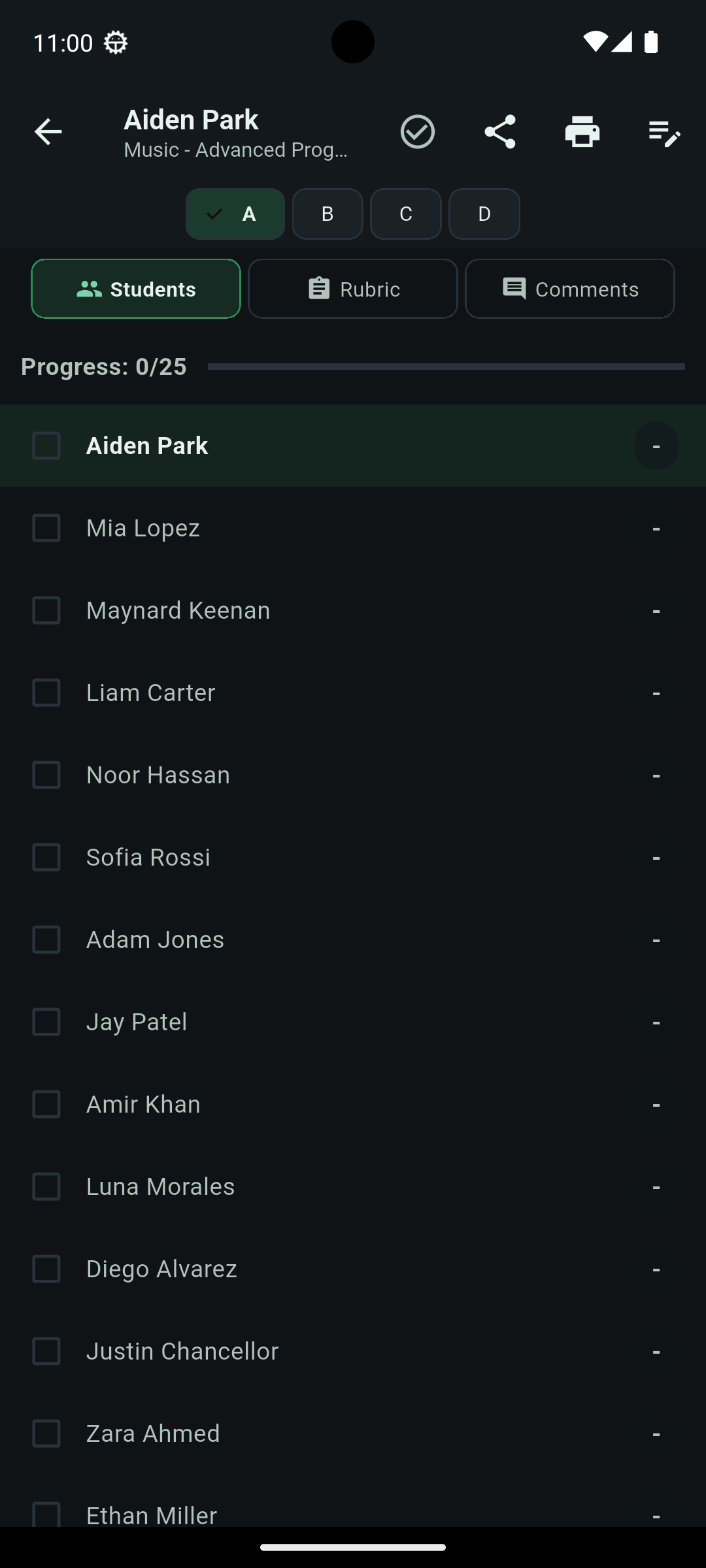 Student list view in the Marksmith Pro Android app