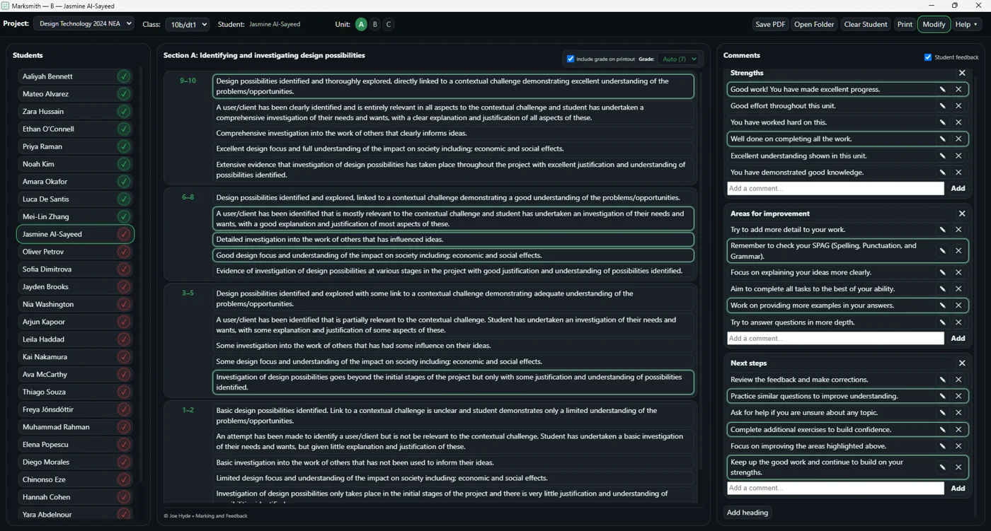 Marksmith Pro marking interface with selected descriptors