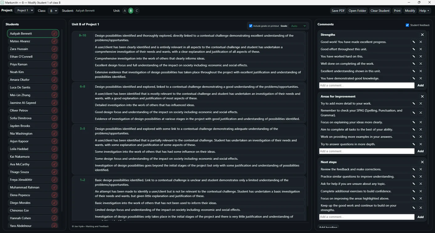 Marksmith Pro application interface showing rubric marking