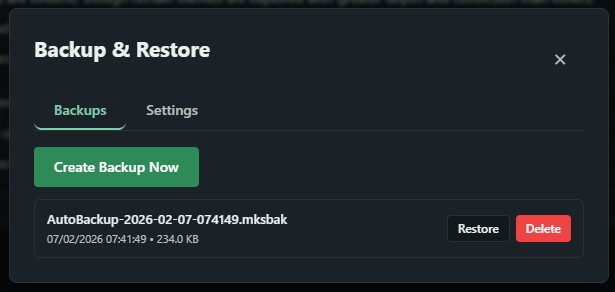 Backup and Restore panel