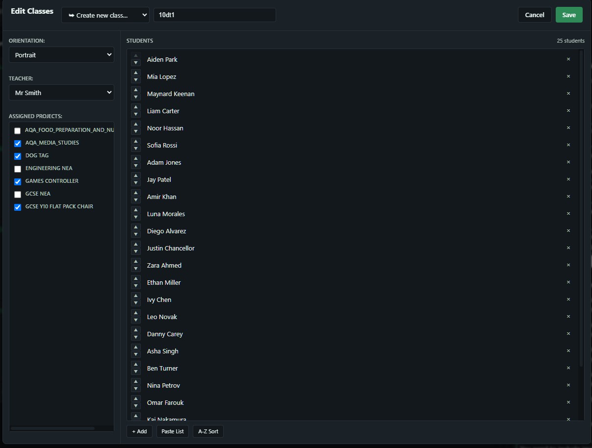 Edit Classes interface