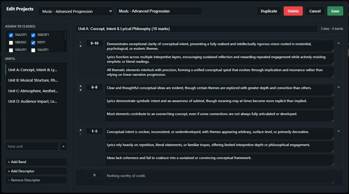 Edit Projects interface showing mark scheme descriptors