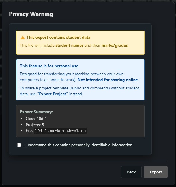 Export Class — privacy warning and summary